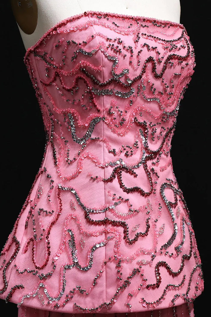 Luxury Two-Piece Peplum Beaded Fringe Evening Dress SS218 Sheer Fairy