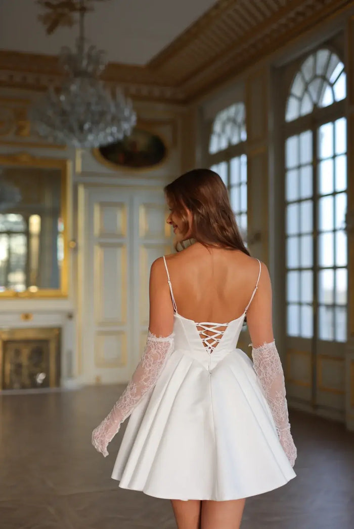 Luxury White Satin Mini Short Bridal Dress with Gloves SW108 - SHEER FAIRY