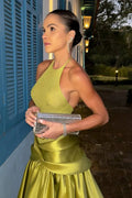 Minimal Olive Green Satin Halter Evening Dress SF148 Sheer Fairy