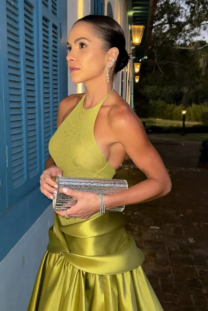 Minimal Olive Green Satin Halter Evening Dress SF148 Sheer Fairy