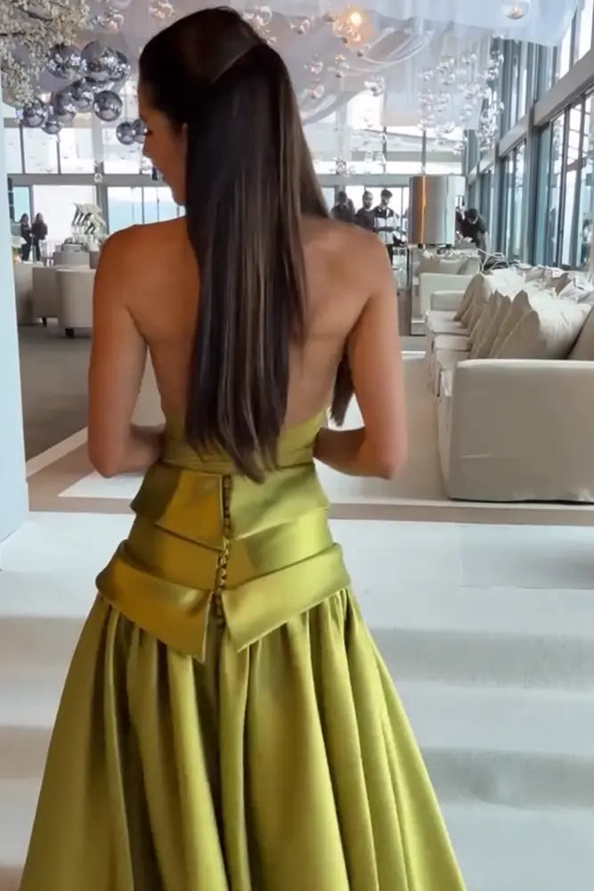 Minimal Olive Green Satin Halter Evening Dress SF148 Sheer Fairy