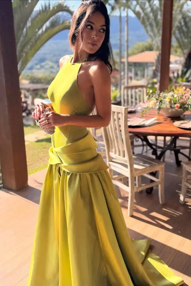 Minimal Olive Green Satin Halter Evening Dress SF148 Sheer Fairy