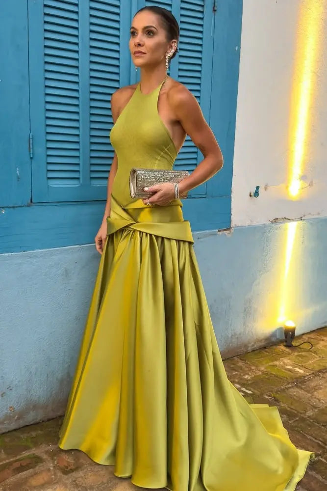 Minimal Olive Green Satin Halter Evening Dress SF148 Sheer Fairy