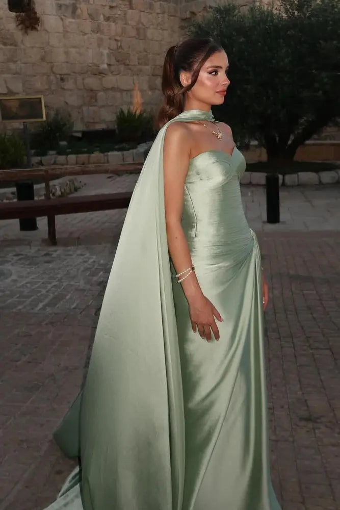 Mint Green Satin Strapless Evening Dress with Attached Cape SF157 Sheer Fairy