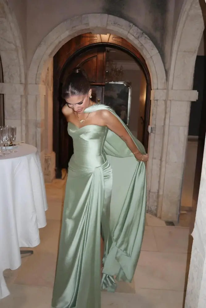 Mint Green Satin Strapless Evening Dress with Attached Cape SF157 Sheer Fairy