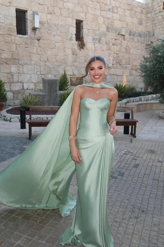 Mint Green Satin Strapless Evening Dress with Attached Cape SF157 Sheer Fairy