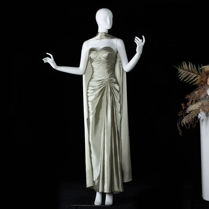 Mint Green Satin Strapless Evening Dress with Attached Cape SF157 Sheer Fairy