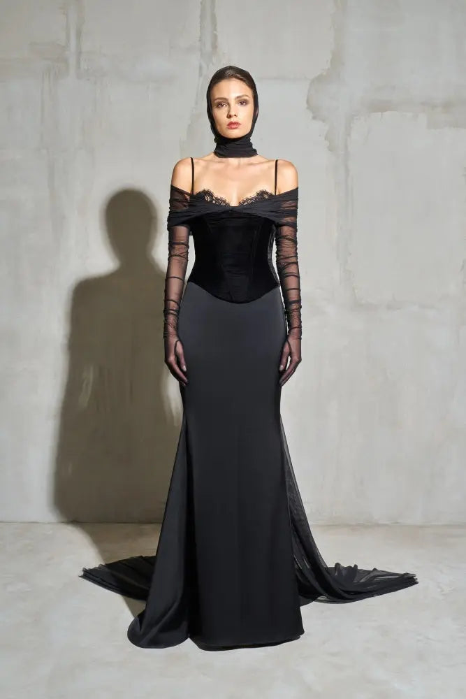 Modest Black Velvet Mermaid Long Sleeve Evening Dress SF440 Sheer Fairy