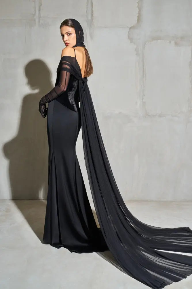 Modest Black Velvet Mermaid Long Sleeve Evening Dress SF440 Sheer Fairy
