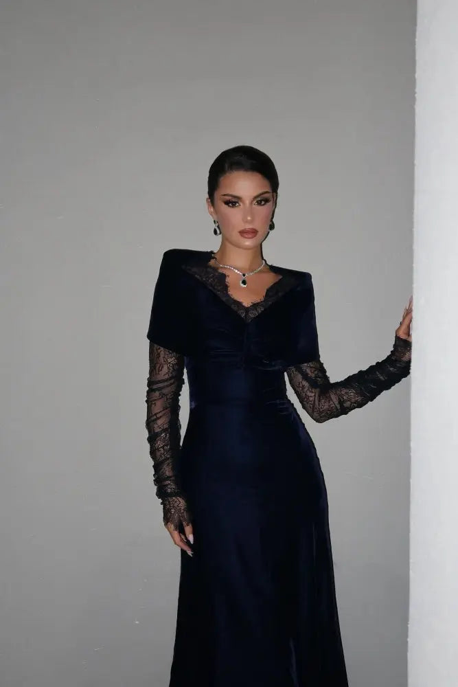 Navy Velvet Evening Dress with Lace Sleeves & Contrast Cape SF443 Sheer Fairy