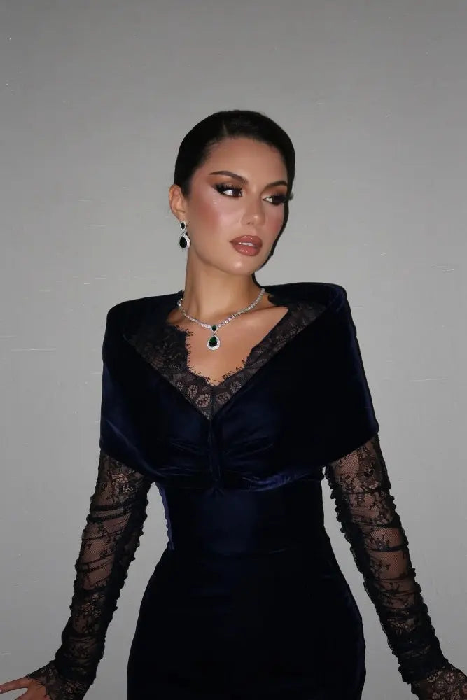 Navy Velvet Evening Dress with Lace Sleeves & Contrast Cape SF443 Sheer Fairy