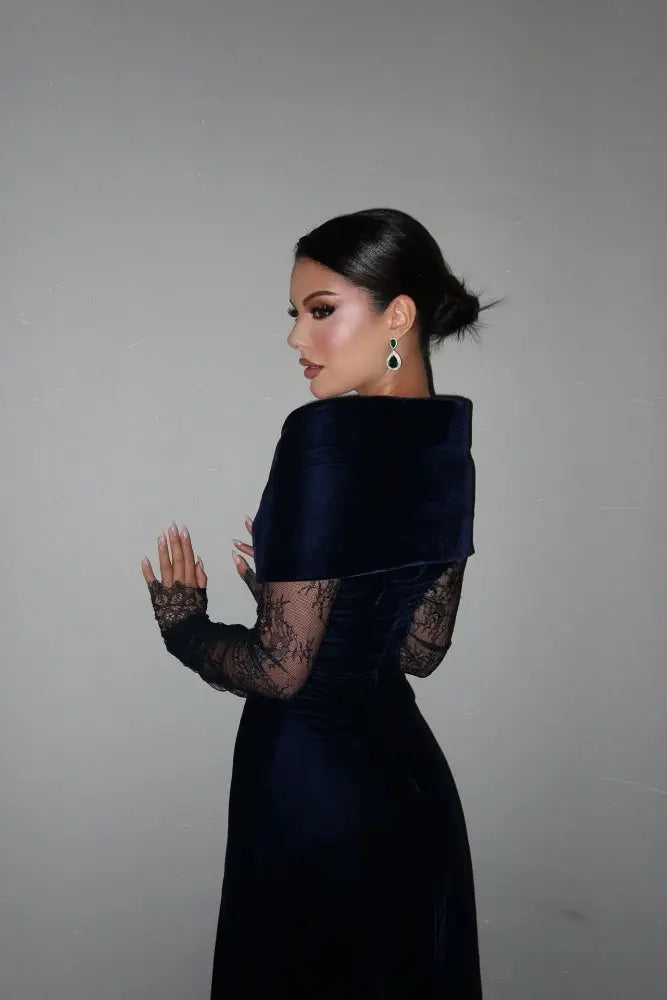 Navy Velvet Evening Dress with Lace Sleeves & Contrast Cape SF443 Sheer Fairy