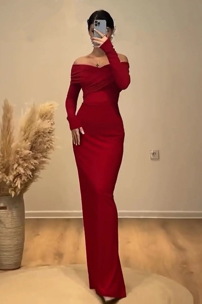 Off-the-Shoulder Bodycon Red Evening Dress SF132 Sheer Fairy