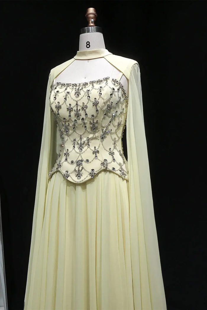 Pale Yellow Chiffon A-Line Evening Dress with Attached Capelet Sleeves SF449 Sheer Fairy