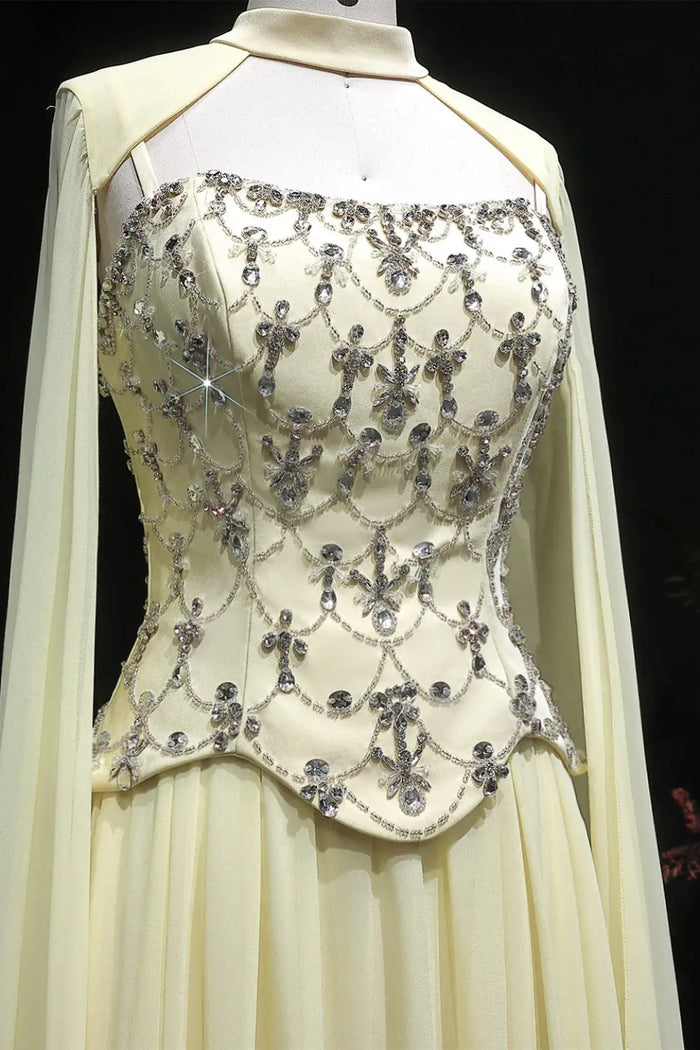 Pale Yellow Chiffon A-Line Evening Dress with Attached Capelet Sleeves SF449 Sheer Fairy