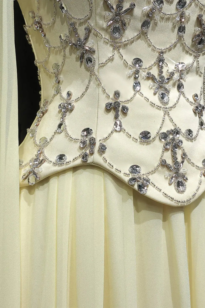 Pale Yellow Chiffon A-Line Evening Dress with Attached Capelet Sleeves SF449 Sheer Fairy