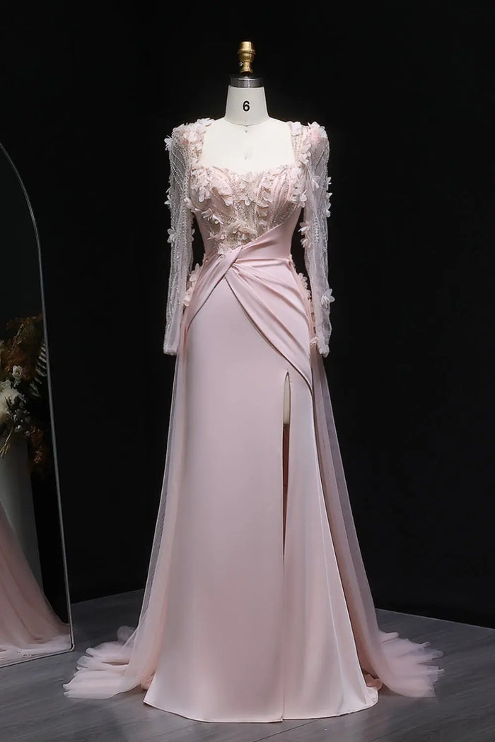 Pink 3D Floral Square Neck Sheath Long Sleeves Evening Dress SF384 Sheer Fairy