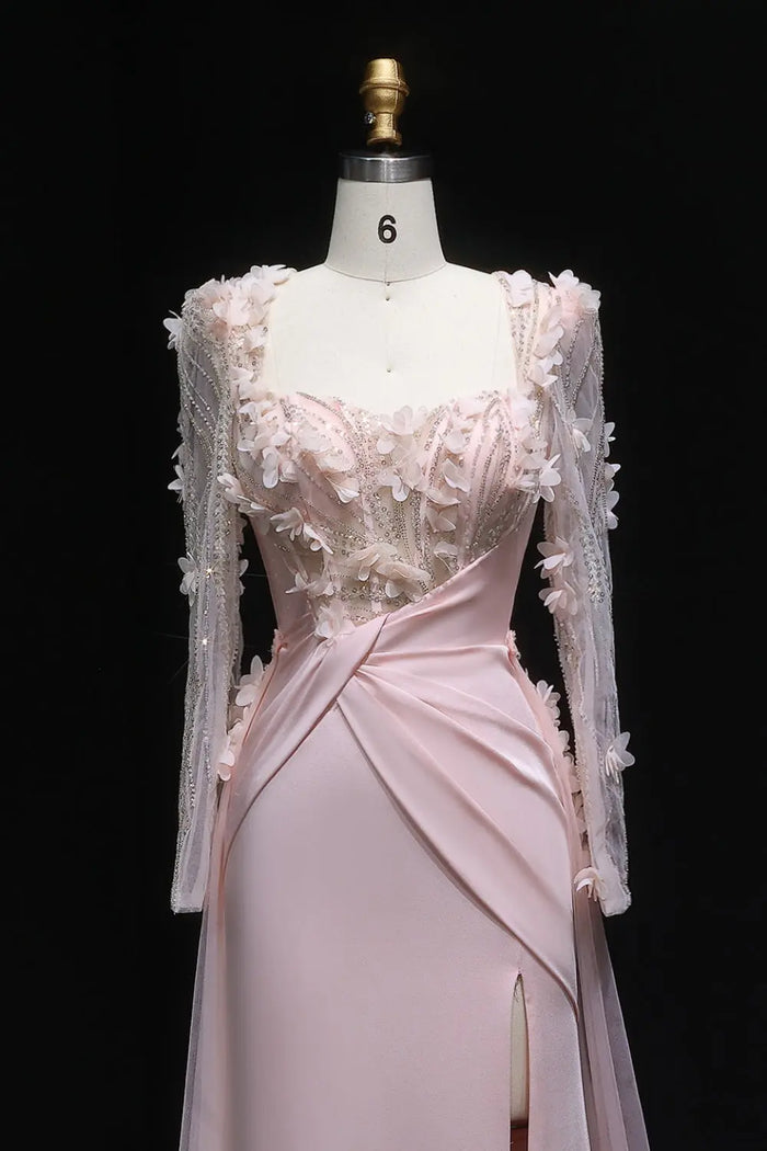 Pink 3D Floral Square Neck Sheath Long Sleeves Evening Dress SF384 Sheer Fairy