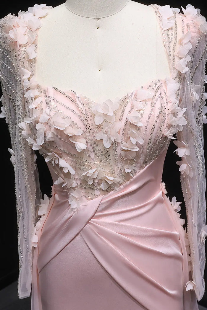 Pink 3D Floral Square Neck Sheath Long Sleeves Evening Dress SF384 Sheer Fairy