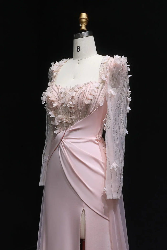 Pink 3D Floral Square Neck Sheath Long Sleeves Evening Dress SF384 Sheer Fairy