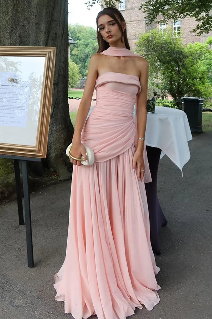 Pink Chiffon Strapless Draped Sheath Evening Dress SF044 Sheer Fairy