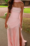 Pink Chiffon Strapless Draped Sheath Evening Dress SF044 Sheer Fairy