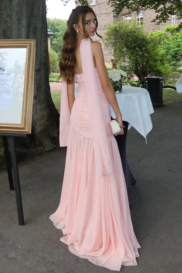 Pink Chiffon Strapless Draped Sheath Evening Dress SF044 Sheer Fairy