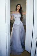 Pleated Tulle Lavender Off-the-Shoulder Corset Evening Dress SF458 Sheer Fairy
