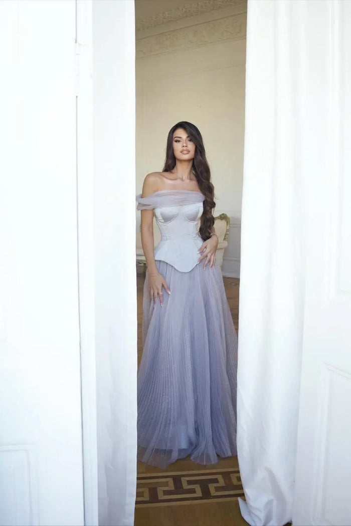 Pleated Tulle Lavender Off-the-Shoulder Corset Evening Dress SF458 Sheer Fairy