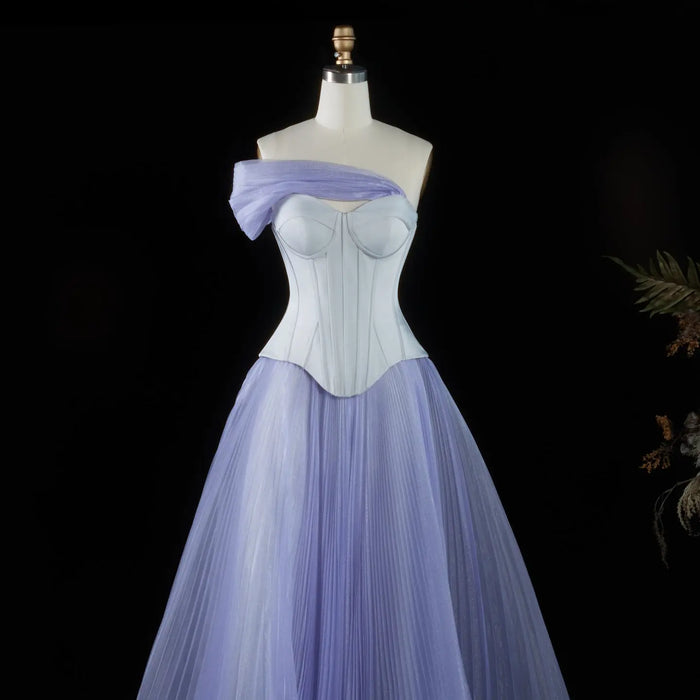 Pleated Tulle Lavender Off-the-Shoulder Corset Evening Dress SF458 Sheer Fairy