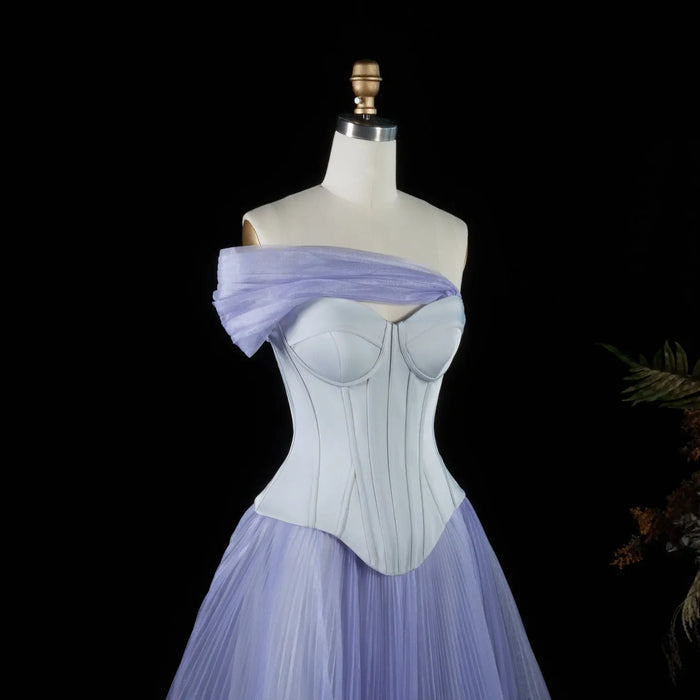 Pleated Tulle Lavender Off-the-Shoulder Corset Evening Dress SF458 Sheer Fairy