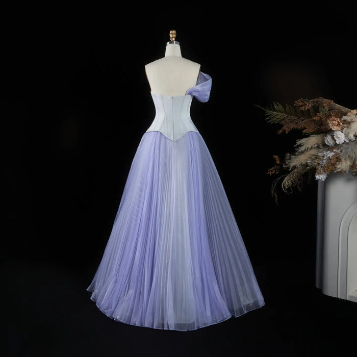 Pleated Tulle Lavender Off-the-Shoulder Corset Evening Dress SF458 Sheer Fairy