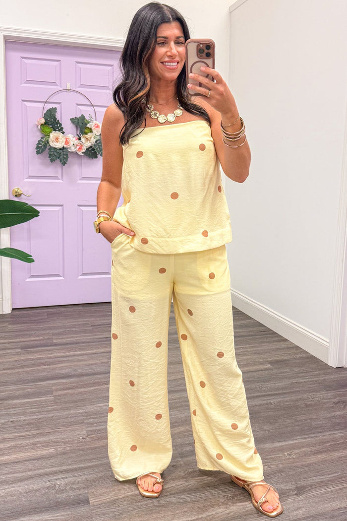 pale yellow with light brown polka dot print wide leg pants