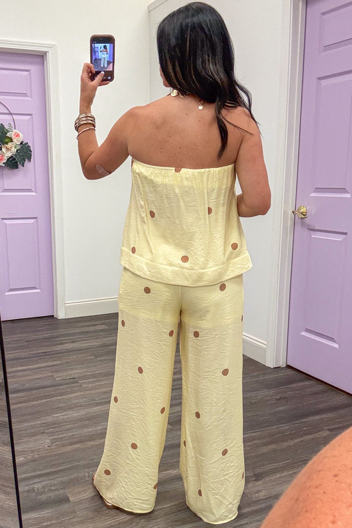 pale yellow with light brown polka dot print lightweight wide leg pants