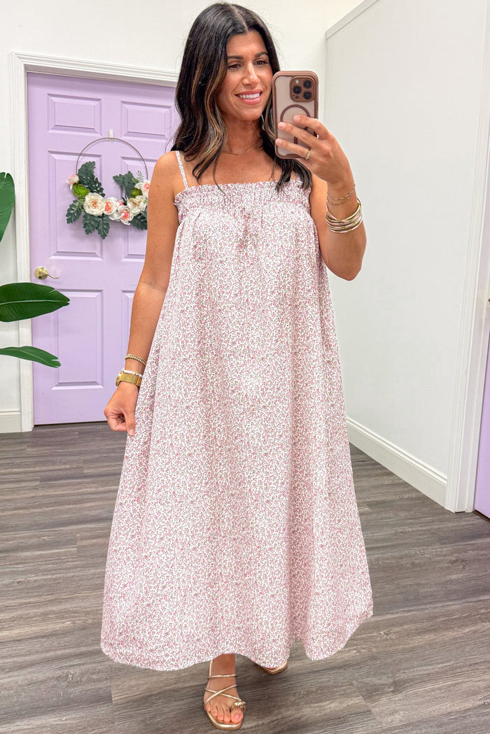 pink green and cream small floral print sleeveless flowy midi dress