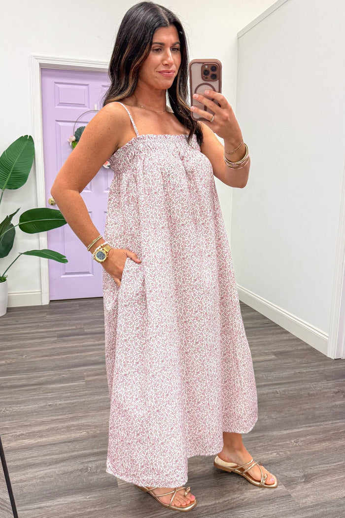 pink green and cream small floral print sleeveless midi dress with side pockets