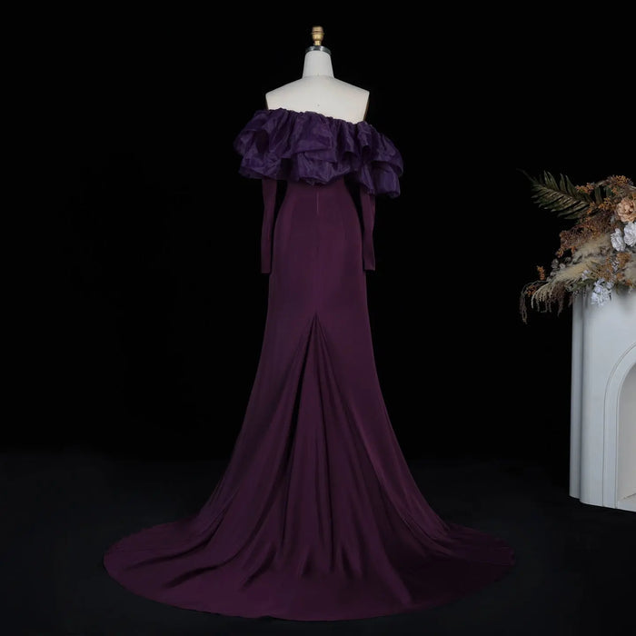 Purple Ruffled Satin One-Shoulder Sheath Evening Dress SF323 Sheer Fairy