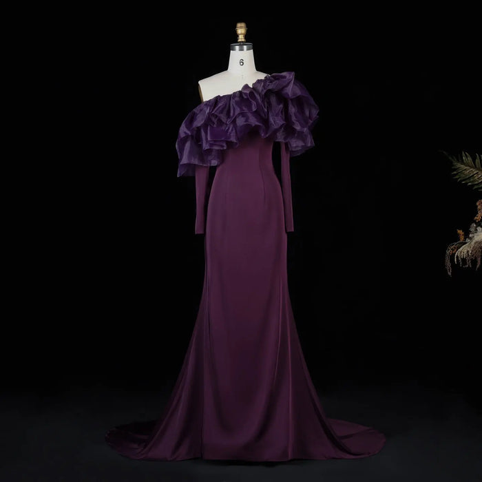 Purple Ruffled Satin One-Shoulder Sheath Evening Dress SF323 Sheer Fairy