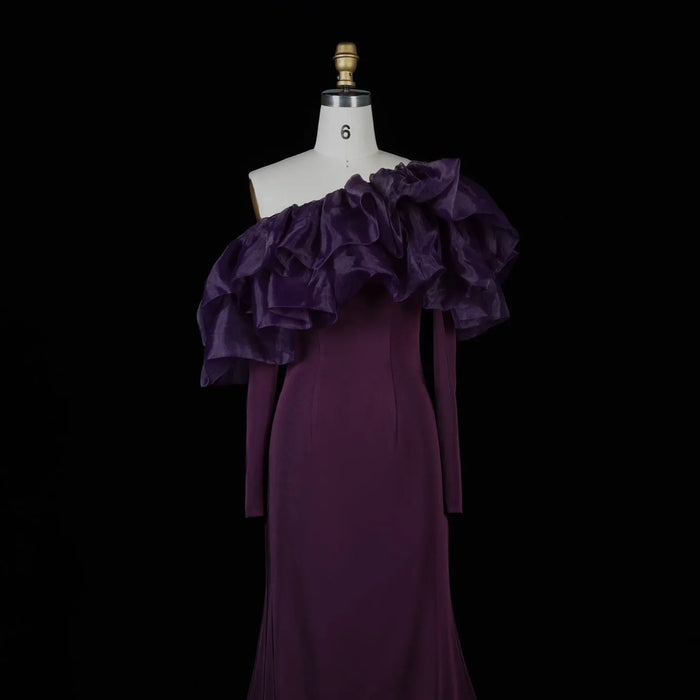 Purple Ruffled Satin One-Shoulder Sheath Evening Dress SF323 Sheer Fairy