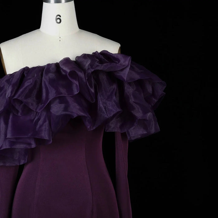 Purple Ruffled Satin One-Shoulder Sheath Evening Dress SF323 Sheer Fairy