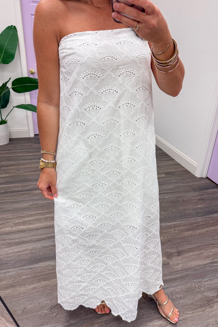 off white embroidered eyelet elastic trim square neckline strapless midi dress
