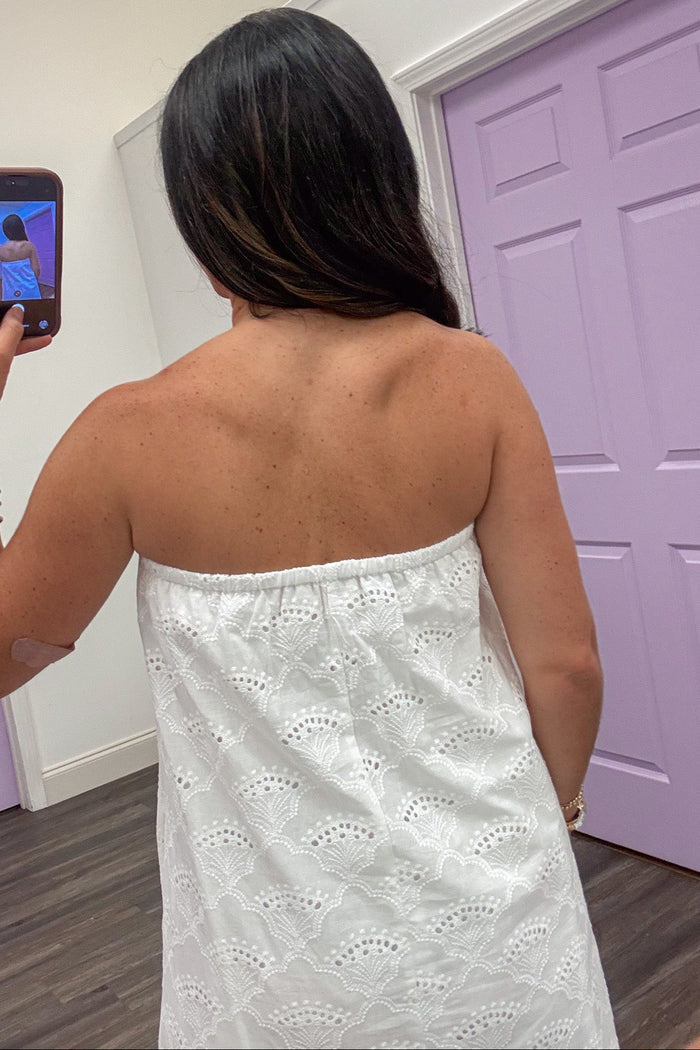 off white embroidered eyelet detail strapless midi dress