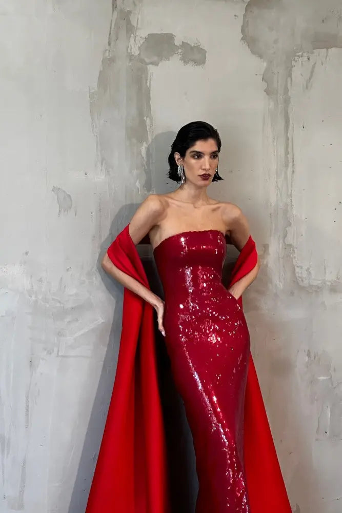 Red Sequin Satin Cape Mermaid Evening Dress SF436 Sheer Fairy
