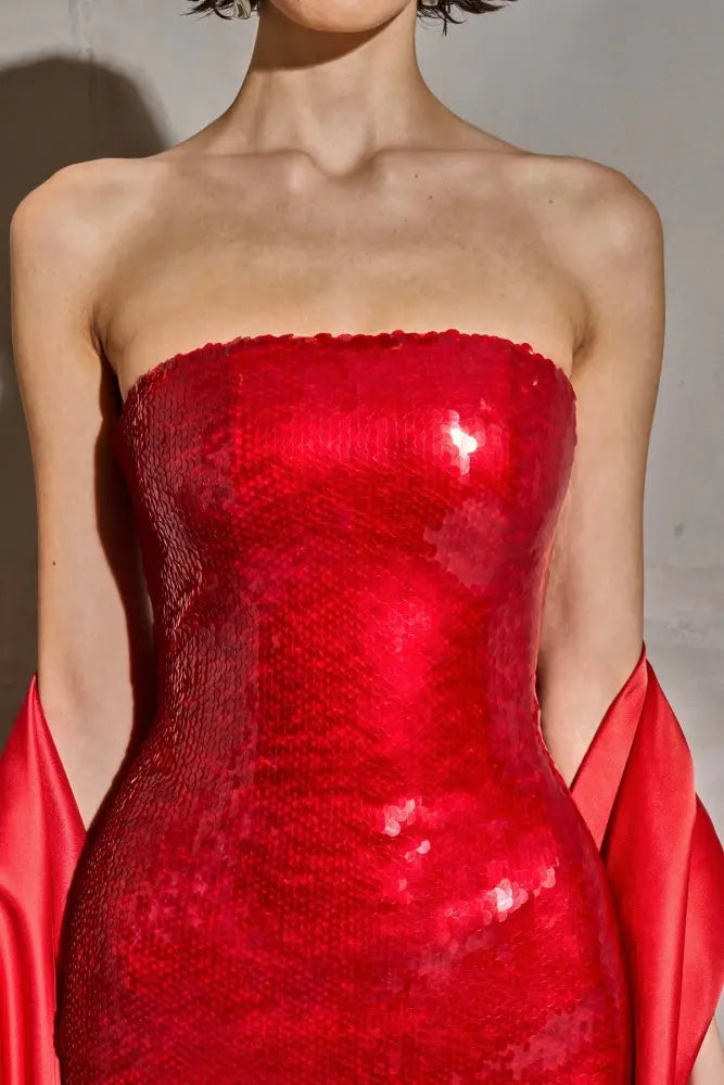 Red Sequin Satin Cape Mermaid Evening Dress SF436 Sheer Fairy