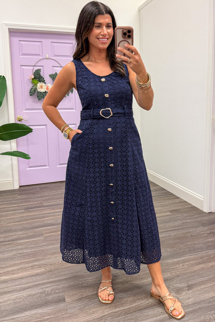 navy eyelet gold decorative button detail belted sleeveless midi dress