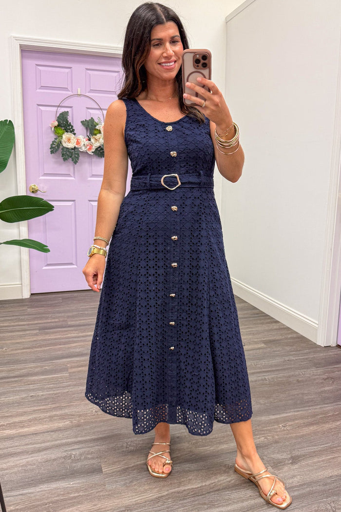 navy eyelet gold decorative button detail belted sleeveless flowy midi dress