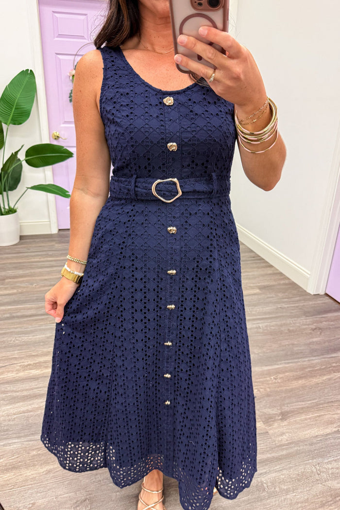 navy eyelet gold button detail crew neckline belted sleeveless midi dress