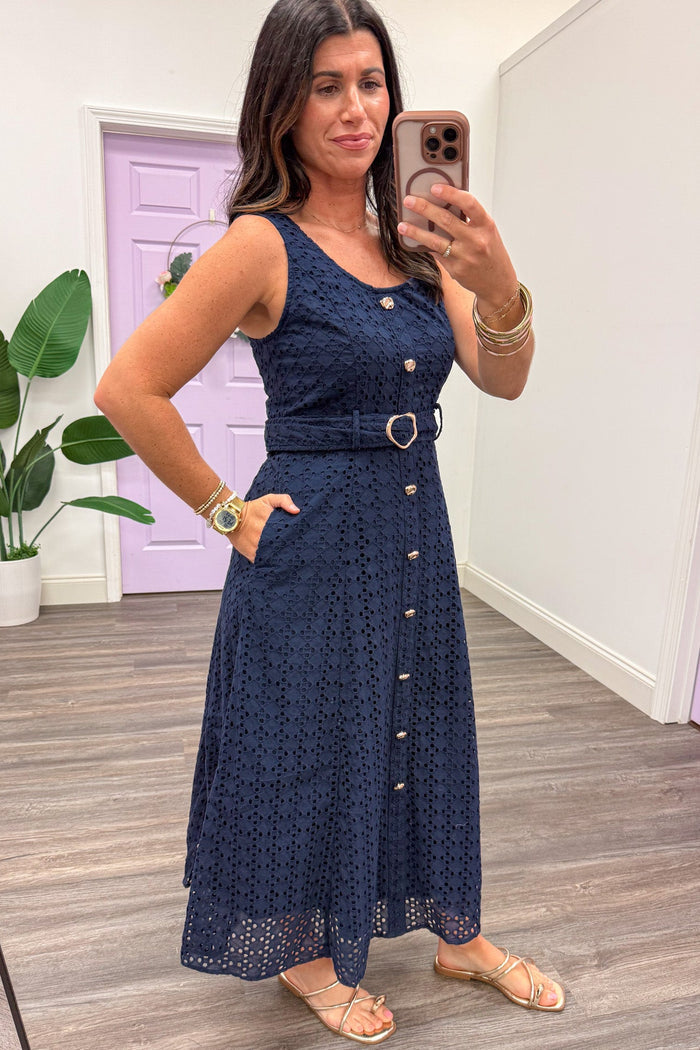 navy eyelet gold details belted sleeveless midi dress with side pockets