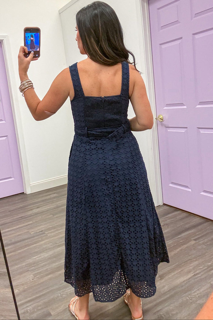 navy eyelet belted sleeveless back zipper closure cotton midi dress