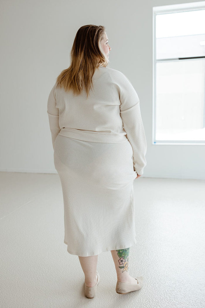 RIBBED KNIT MIDI LENGTH PENCIL SKIRT IN CREAM - Love Marlow